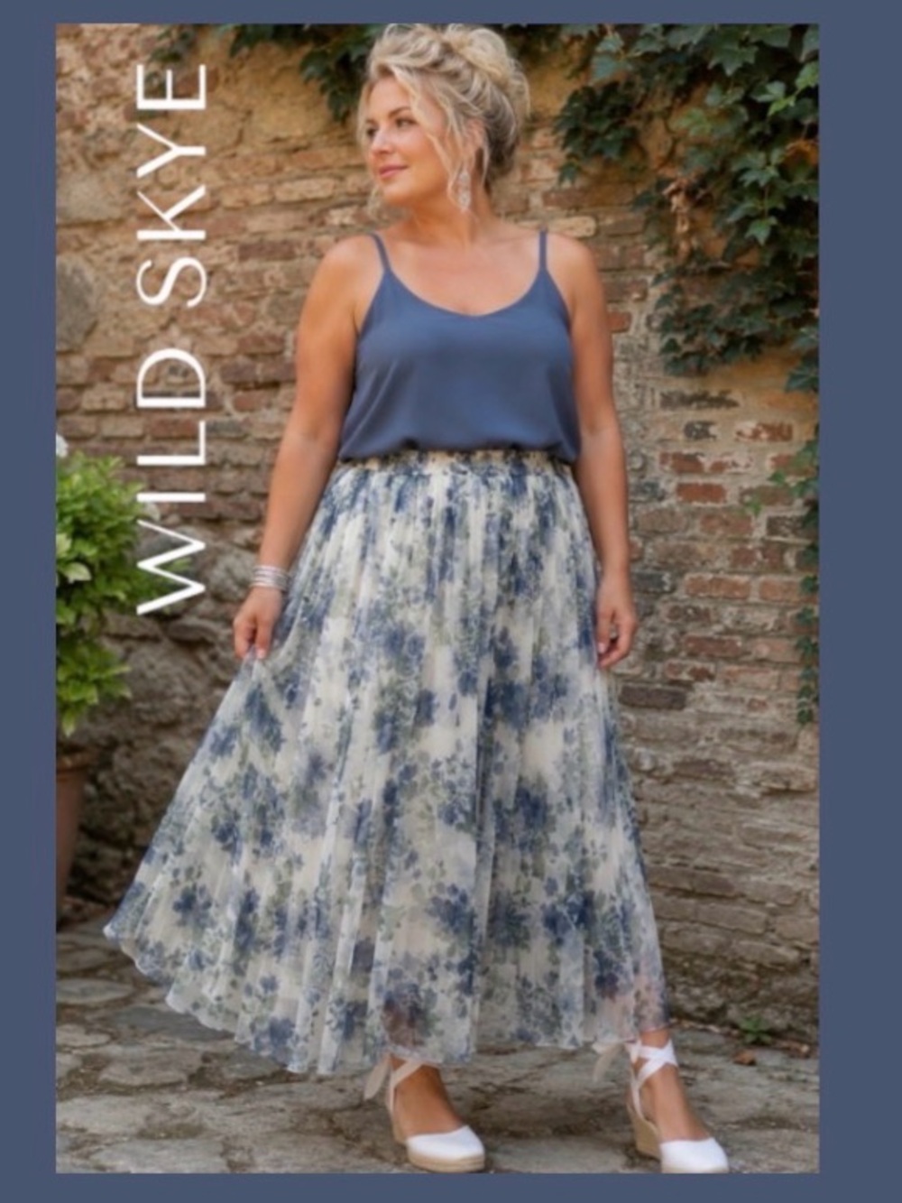 XL Wild Skye Blue Floral Maxi Skirt with Sheer Overlay, New With Tags